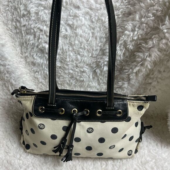 Dooney & Bourke off white & black polka dots shoulder bag ,black leather trims - Picture 3 of 16